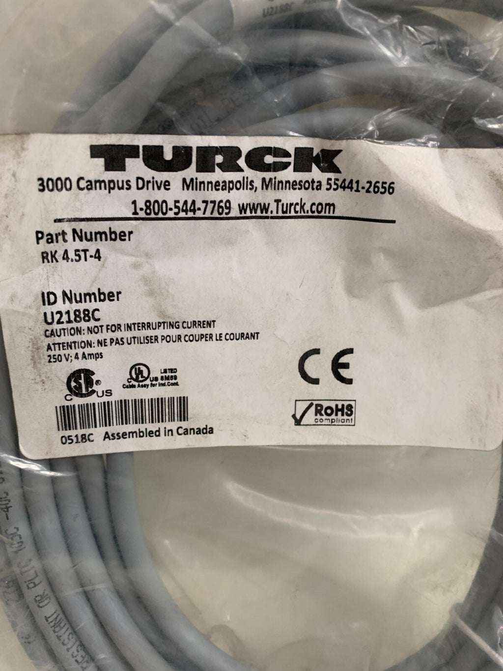 TURCK CONNECTOR CABLE CORSET RK 4.5T-4 U 2188C