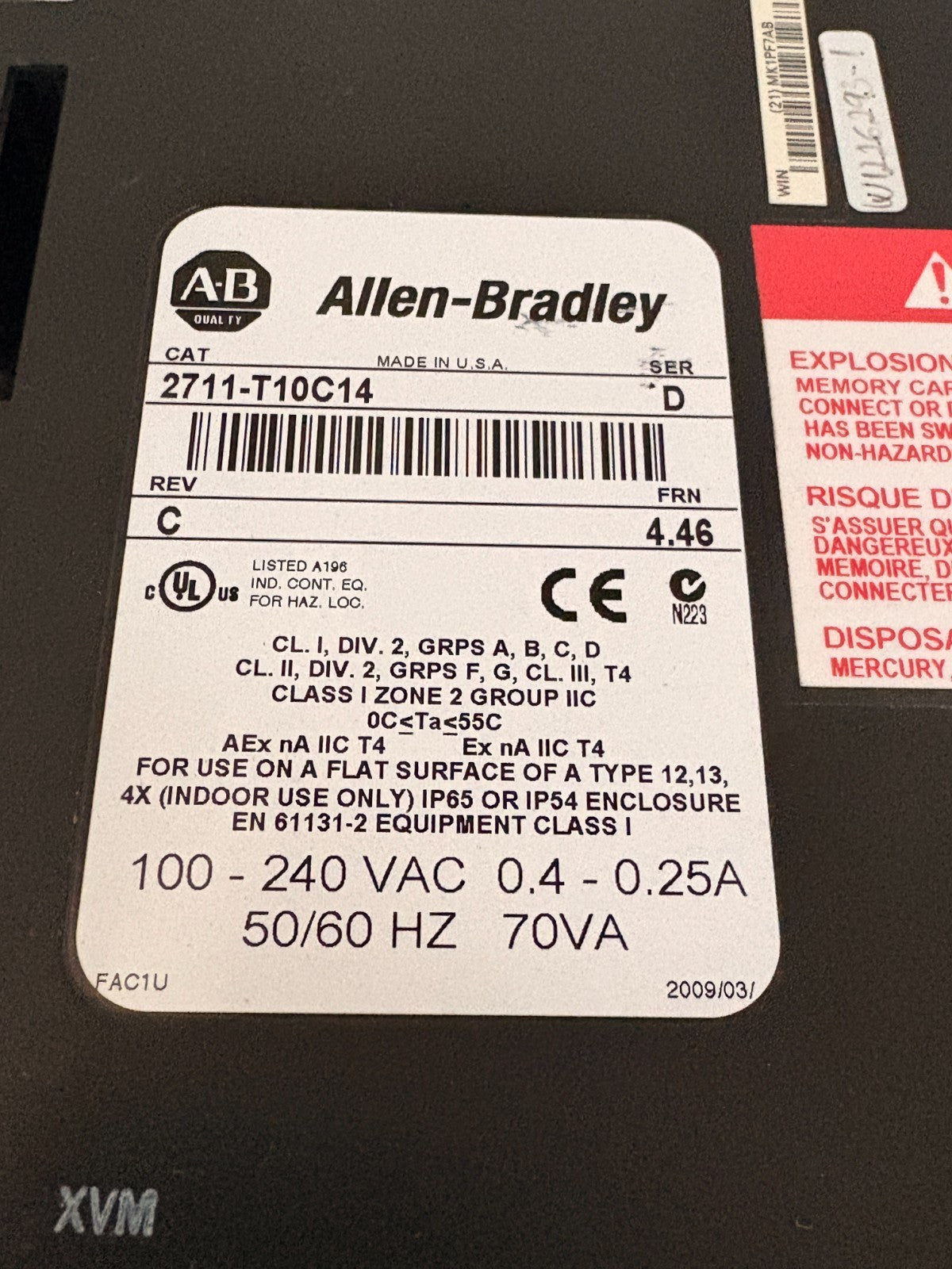 ALLEN BRADLEY PANEL VIEW 1000 2711-T10 C143