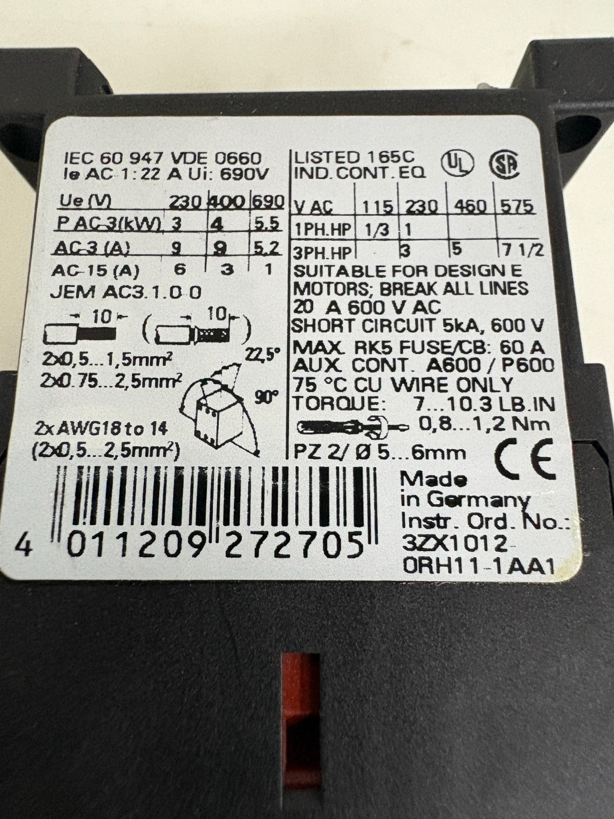 SIEMENS CONTACTOR 3RT1016-1BB41
