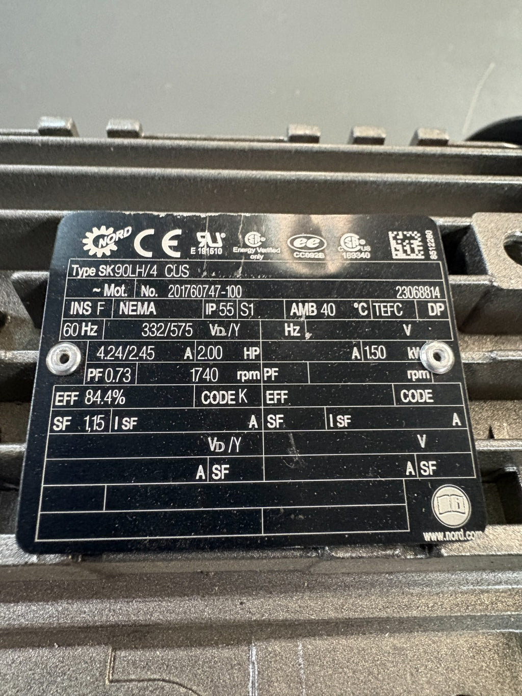 NORD 2HP MOTOR TYPE SK90LH/4 CUS
