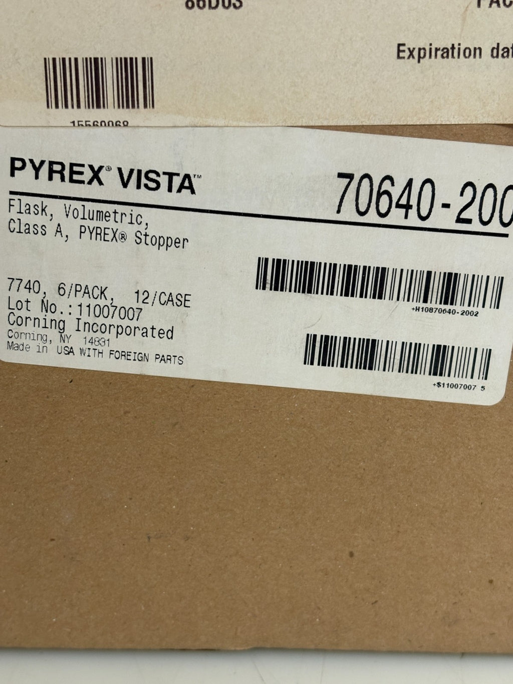 CORNING PYREX VISTA VOLUMETRIC FLASK 200ML 70640-200 BOX OF 63