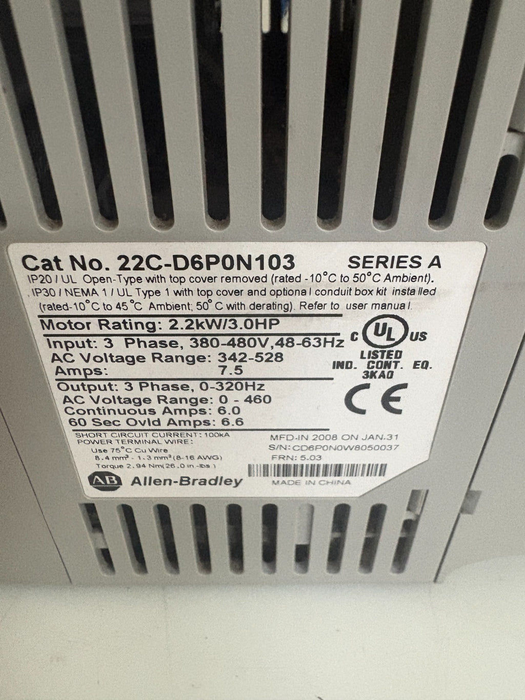 ALLEN BRADLEY POWERFLEX 400 3HP 22C-D6P0N103 SERIES A 2