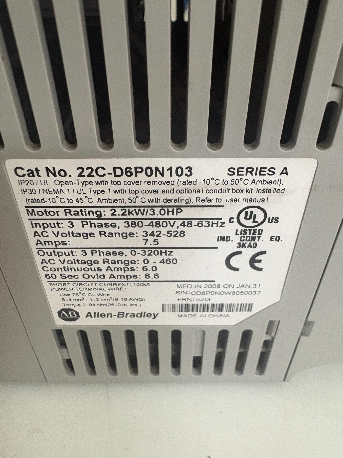 ALLEN BRADLEY POWERFLEX 400 3HP 22C-D6P0N103 SERIES A 2