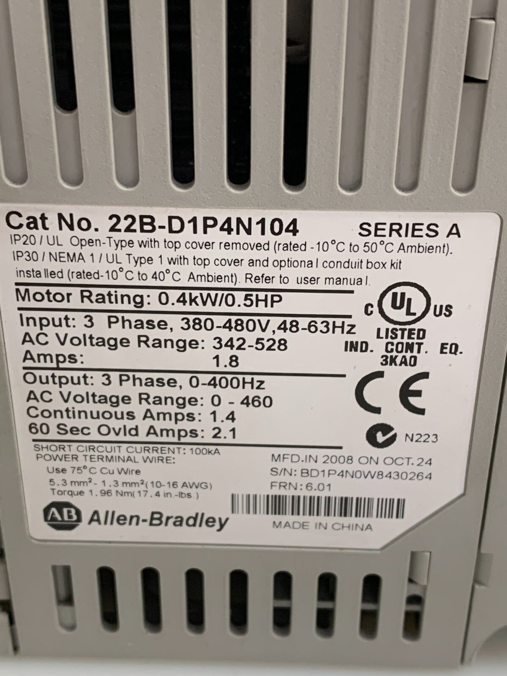 ALLEN BRADLEY / PowerFlex 40   AC  Drive   Serie A  22BD1P4N104
