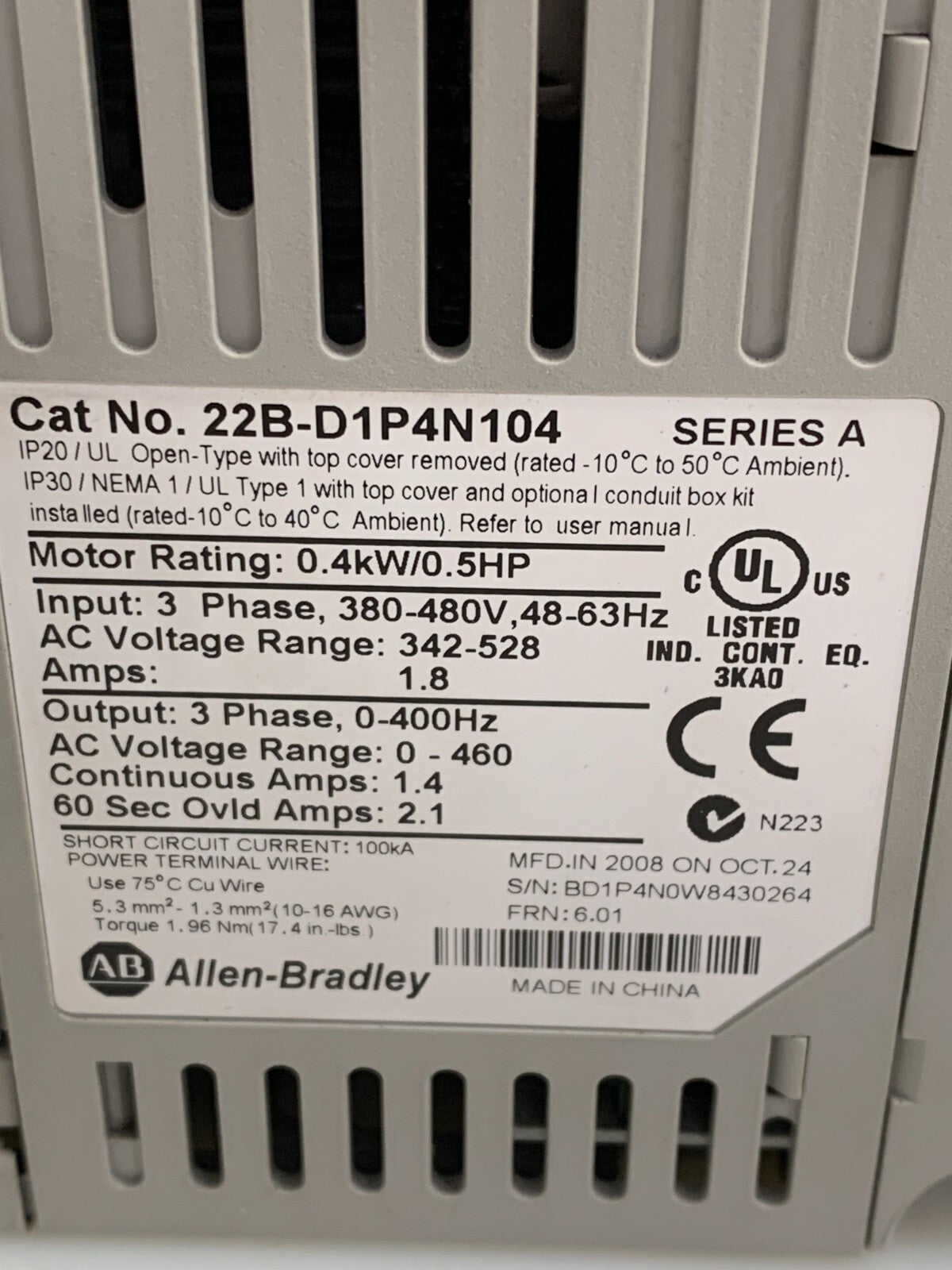 ALLEN BRADLEY / PowerFlex 40   AC  Drive   Serie A  22BD1P4N104