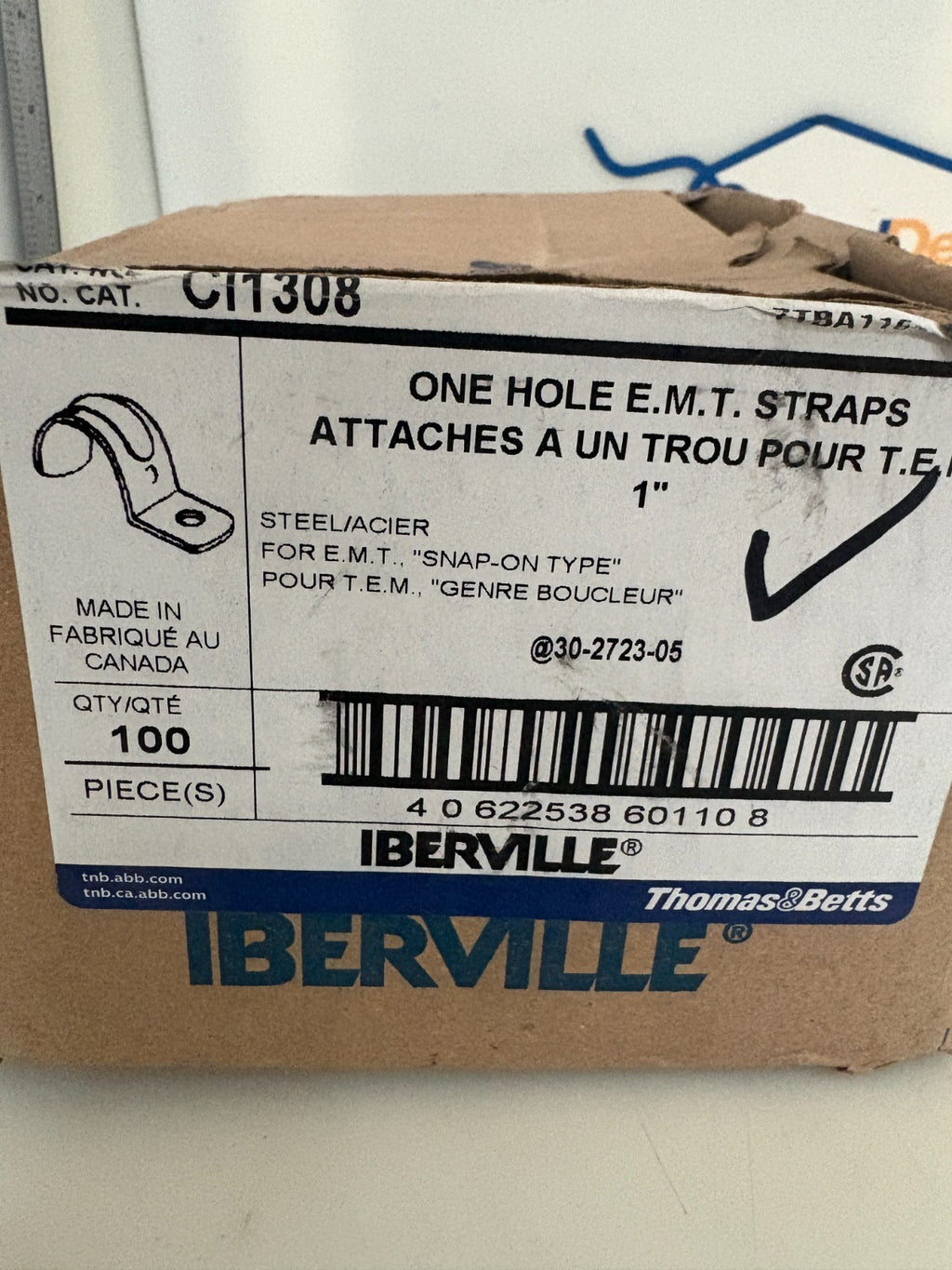 ABB THOMAS & BETTS 1" ONE HOLE E.M.T. STRAPS CI1308  100 PER BOX2