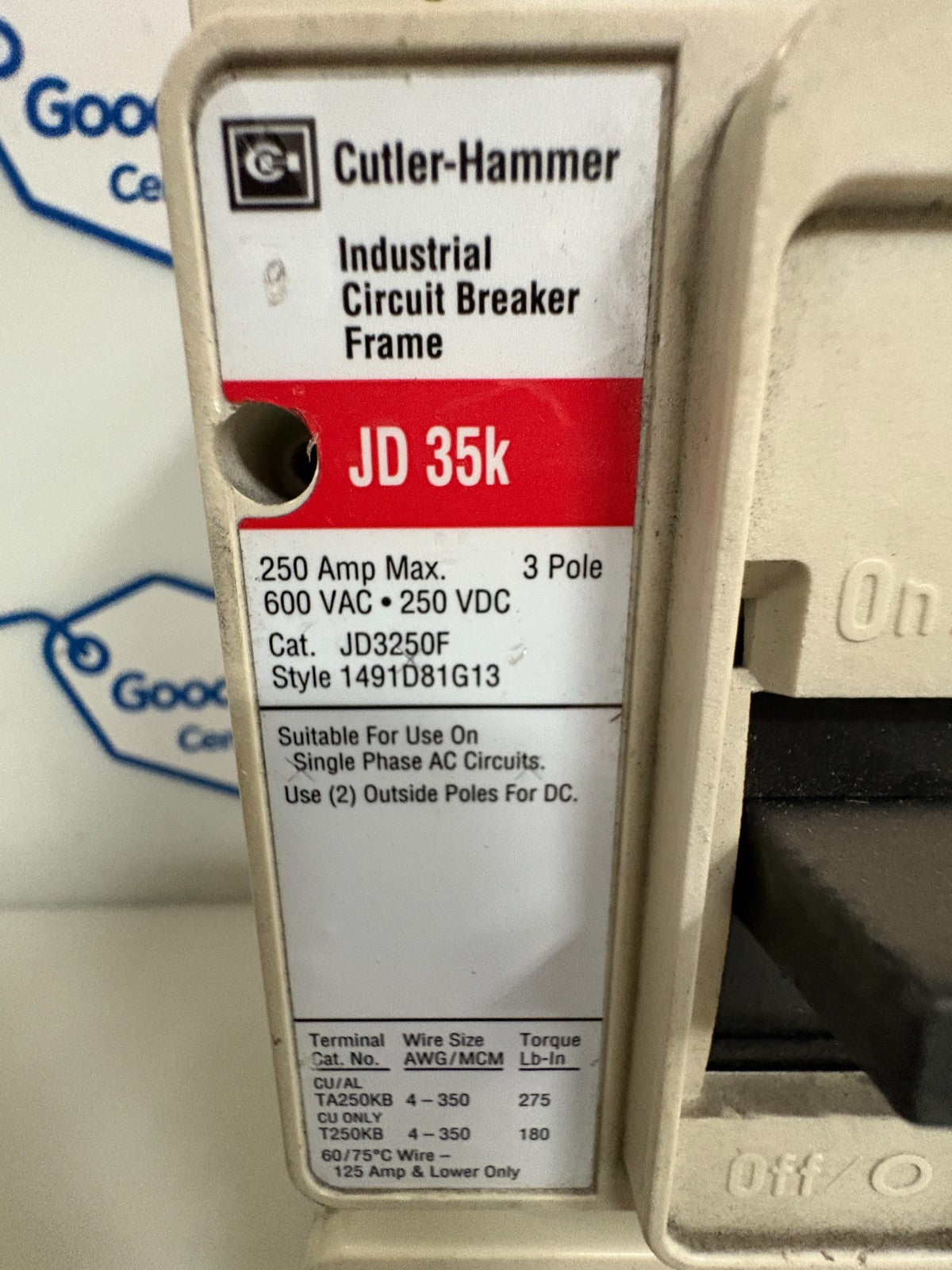EATON CUTLER HAMMER JD35K CIRCUIT BREAKER 250 AMP JD 3250F #1491D81G13