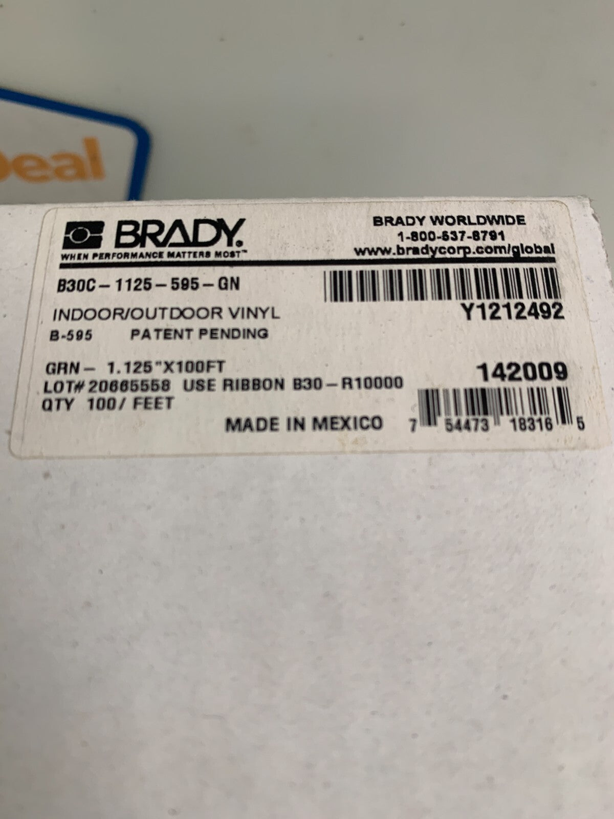 BRADY 1.125" X 100 FT B30C-1125-595-GN GREEN RIBBON CARTRIDGE1