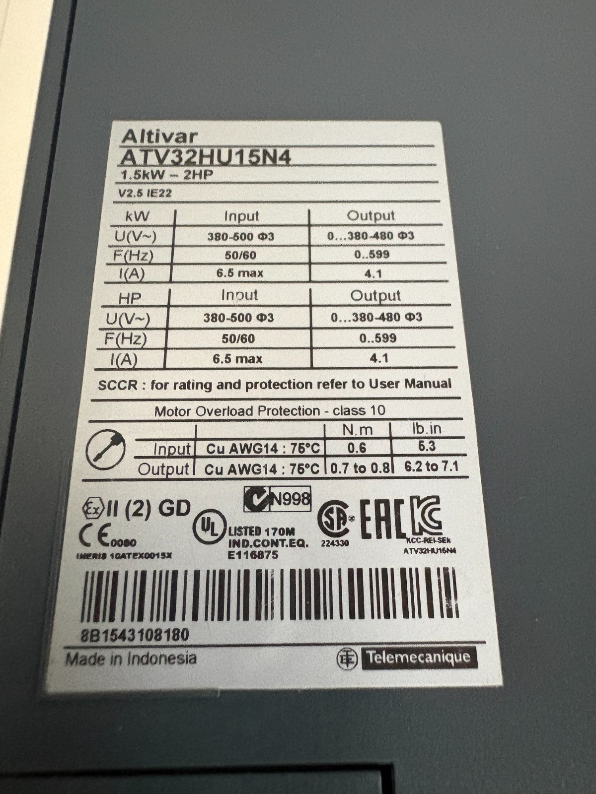 SCHNEIDER ALTIVAR 2HP DRIVE ATV32HU15N43