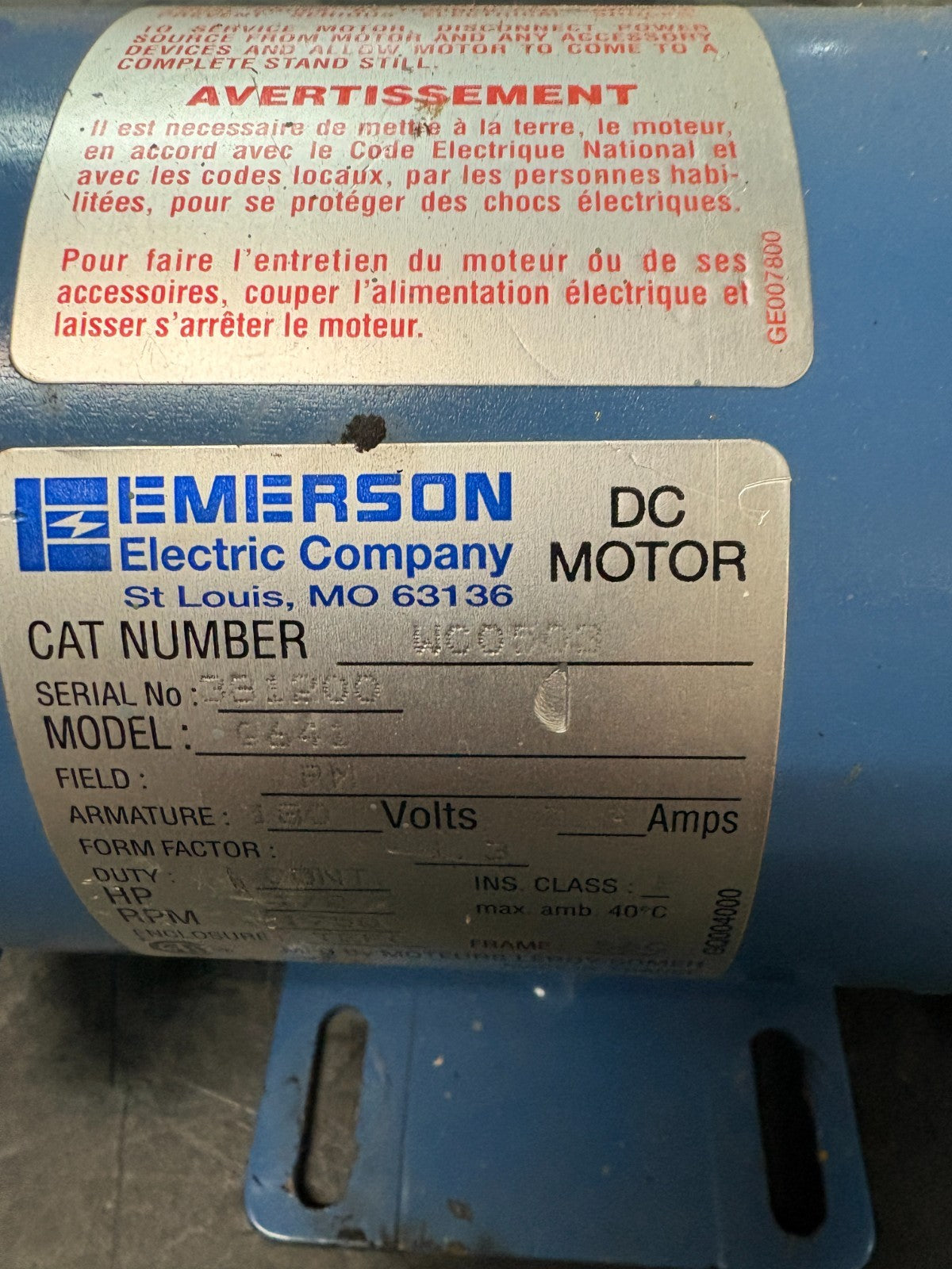 EMERSON DC MOTOR G641 1/2HP 1750 RPM1