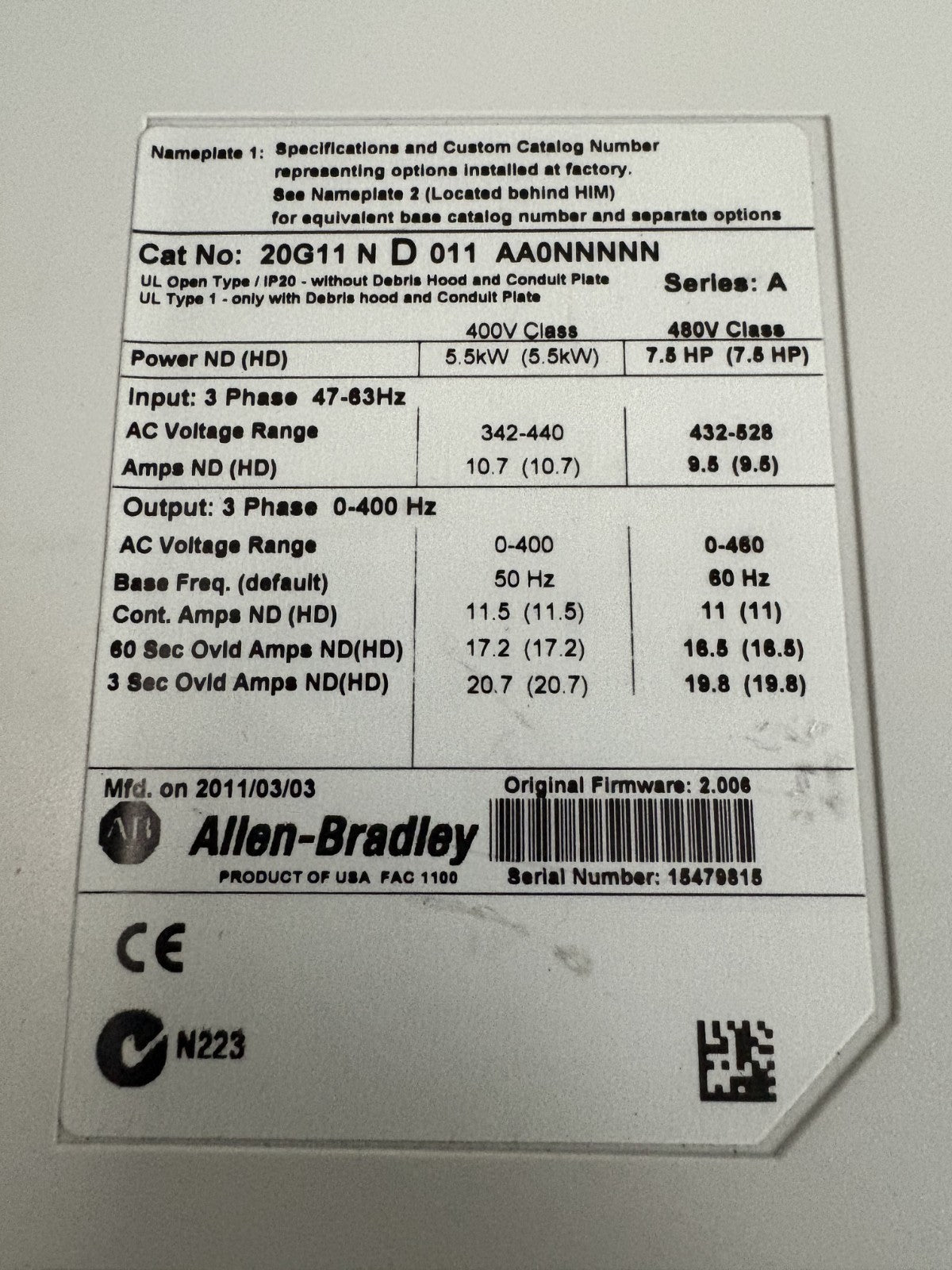 ALLEN BRADLEY POWERFLEX 755 20 G11 N D 011 AAONNNNN SERIE A3
