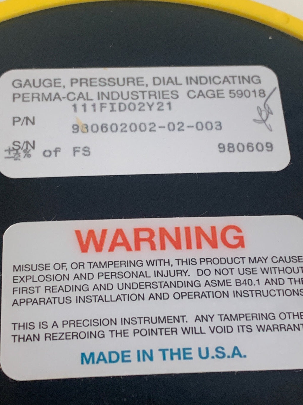 PERMA CAL BO PSI PROCESS GAUGE 111F1D02Y21