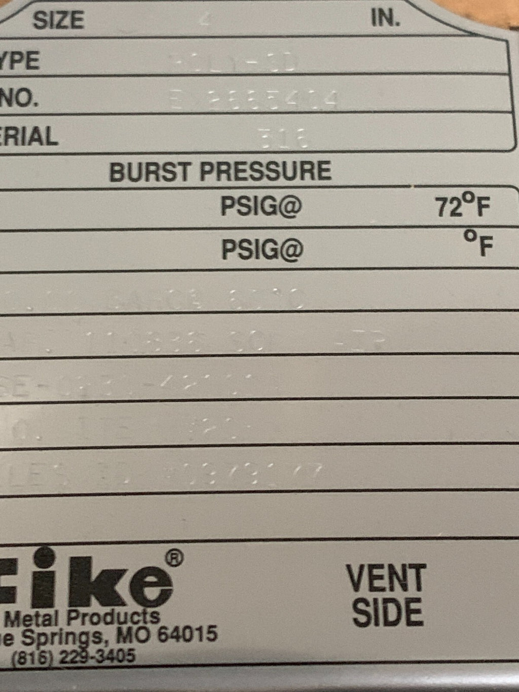 FIKE 4" RUPTURE DISC POLY-SD 316 50 BAR