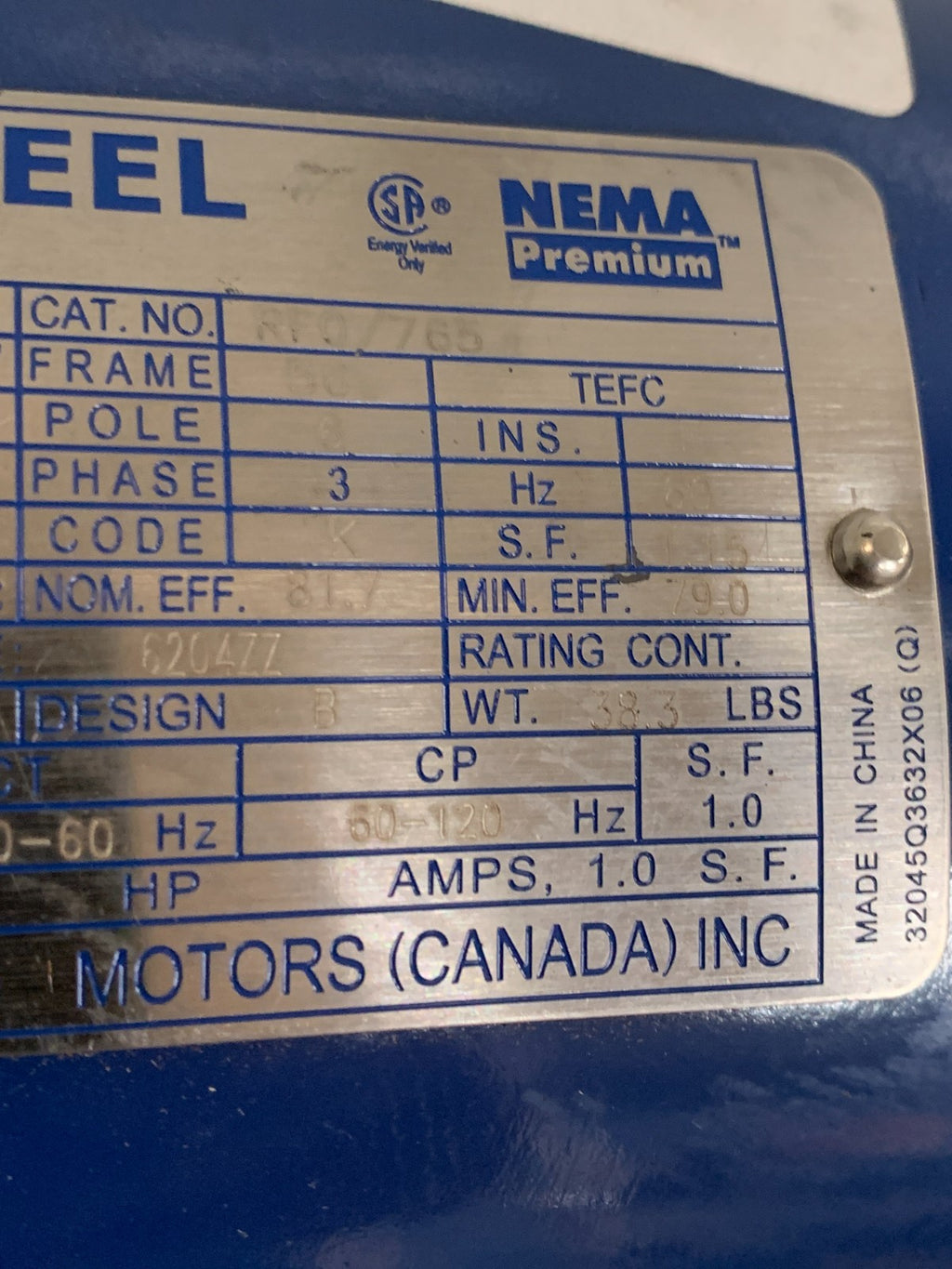 TECO WESTINGHOUSE 3/4 HP 1150 RPM MOTOR TYPE AEGHPE CAT #RFO/7654
