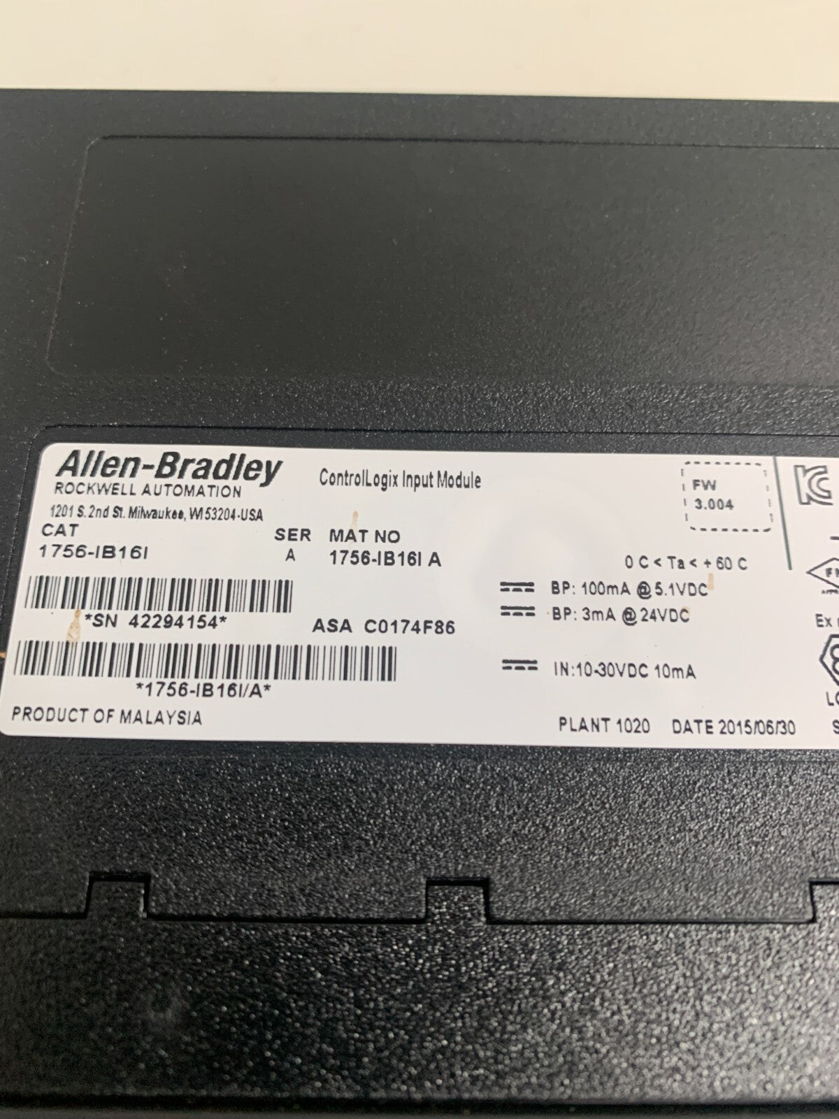ALLEN BRADLEY CONTROL LOGIX INPUT MODULE 1756-IB16I SER A