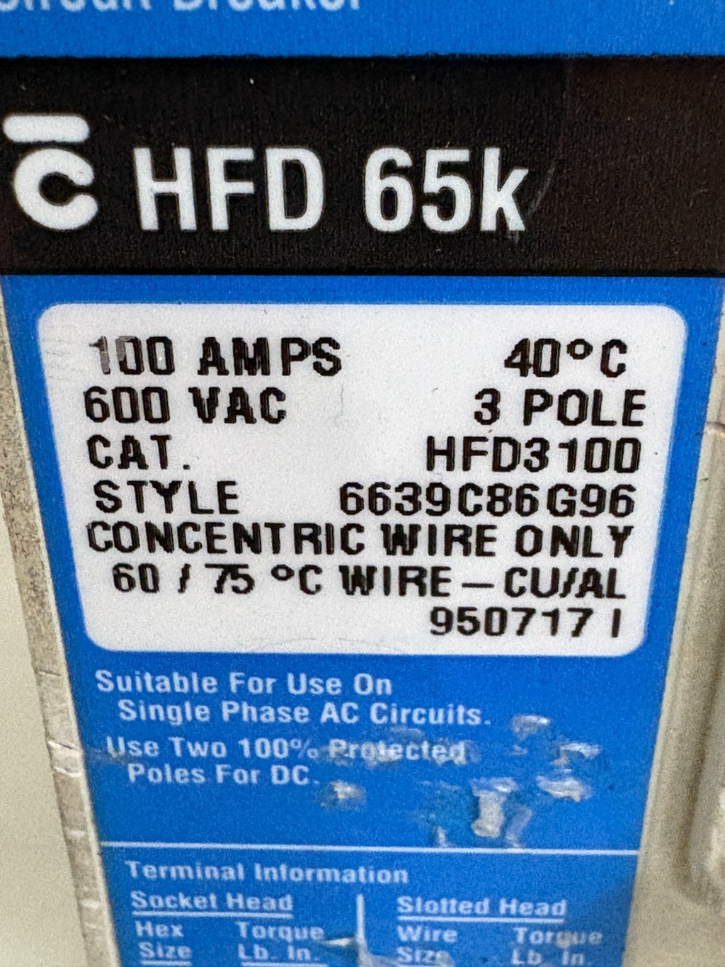 WESTINGHOUSE CIRCUIT BREAKER 100 AMP HFD3100 HFD 65K