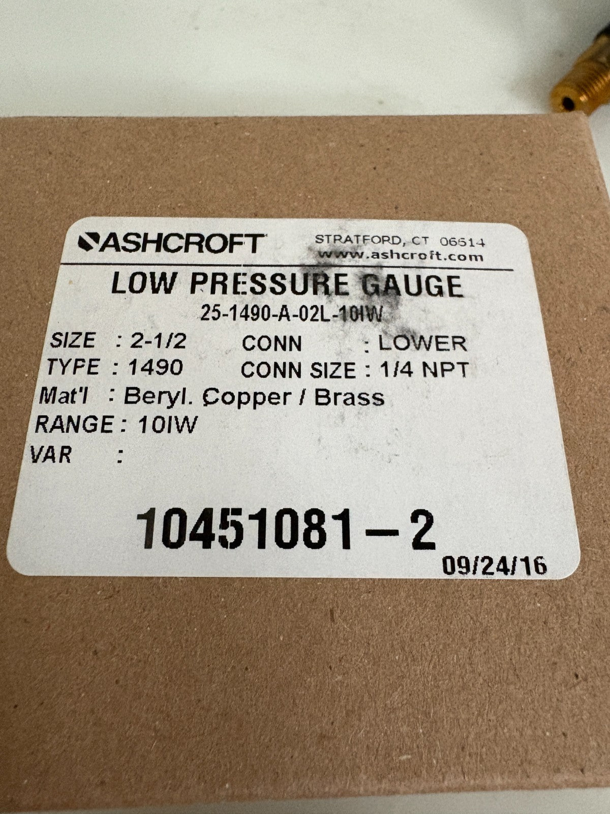ASHCROFT LOW PRESSURE GAUGE 25-1490-A-02L-10W