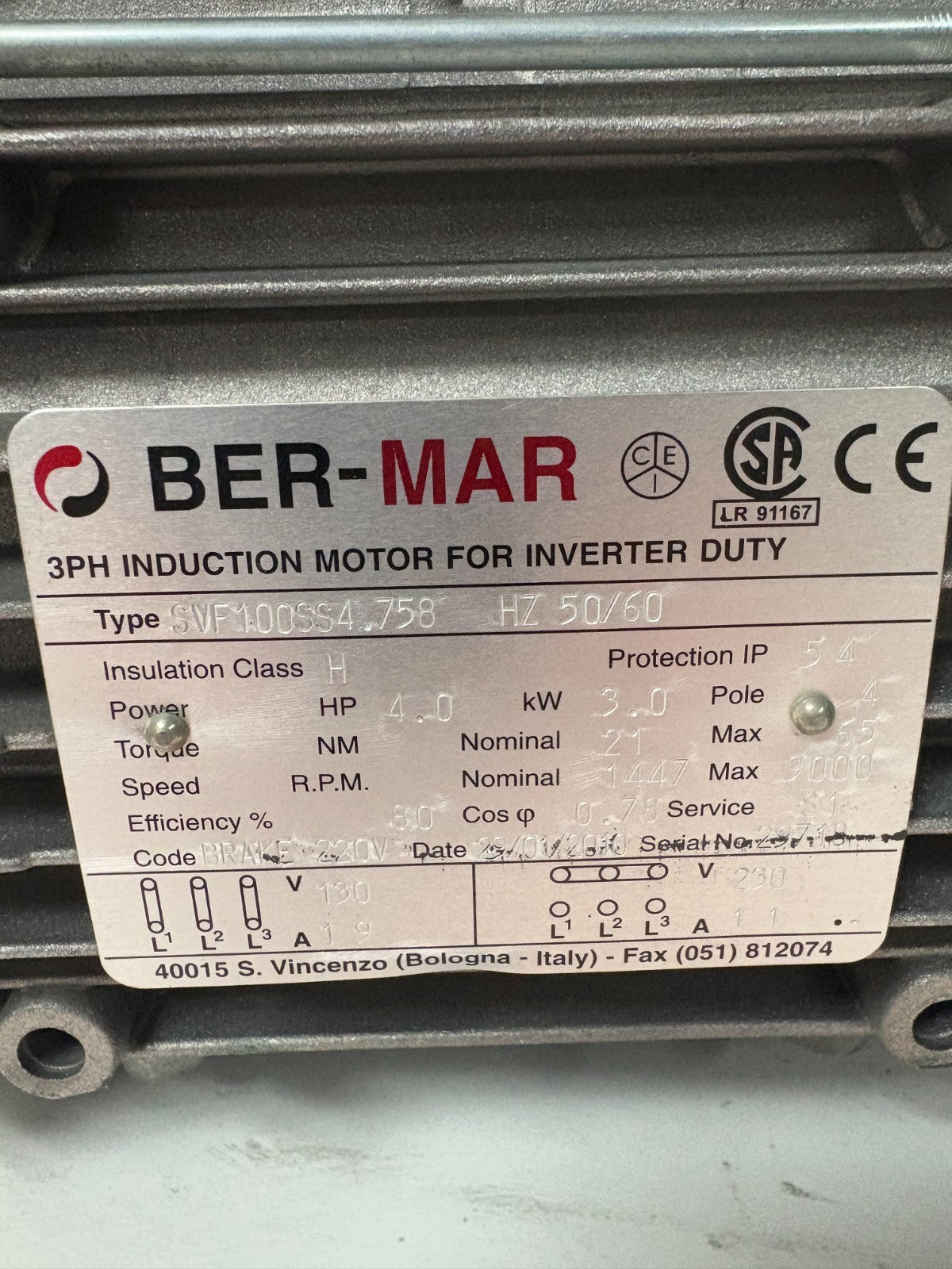BER-MAR 3PH INDUCTION MOTOR FOR INVERTER DUTY 4HP SVF100SS4.758 10.47.3003.SW2