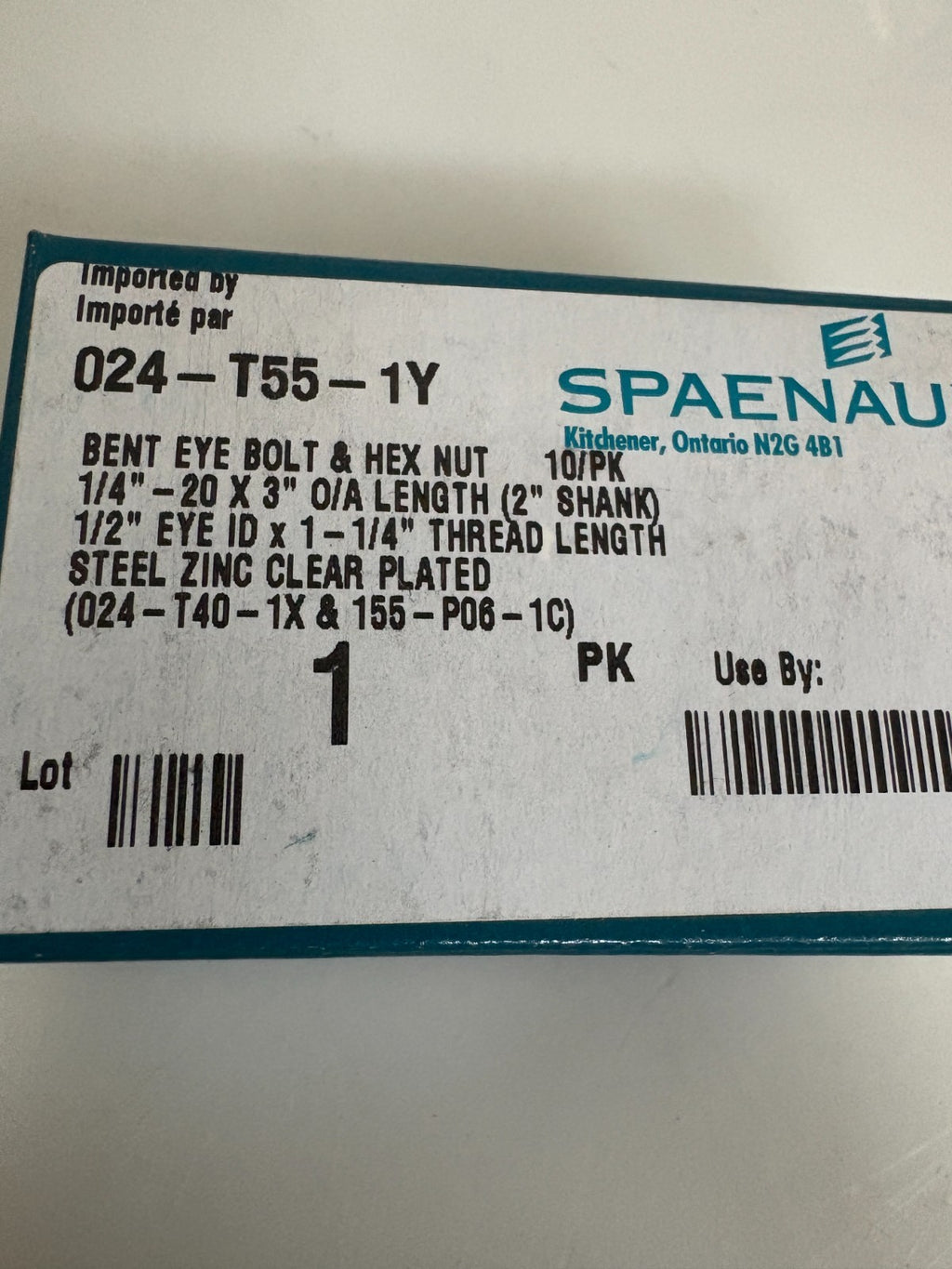 LOT OF 3X10 BOX SPAENAUR BENT EYE BOLT & HEX NUT 024-T55-1Y