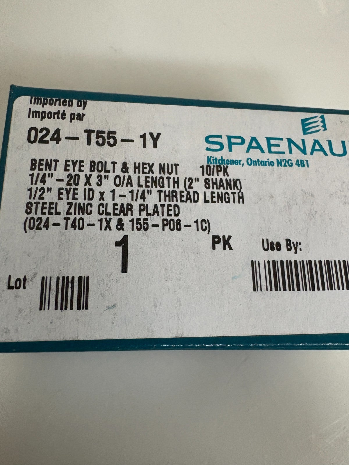 LOT OF 3X10 BOX SPAENAUR BENT EYE BOLT & HEX NUT 024-T55-1Y