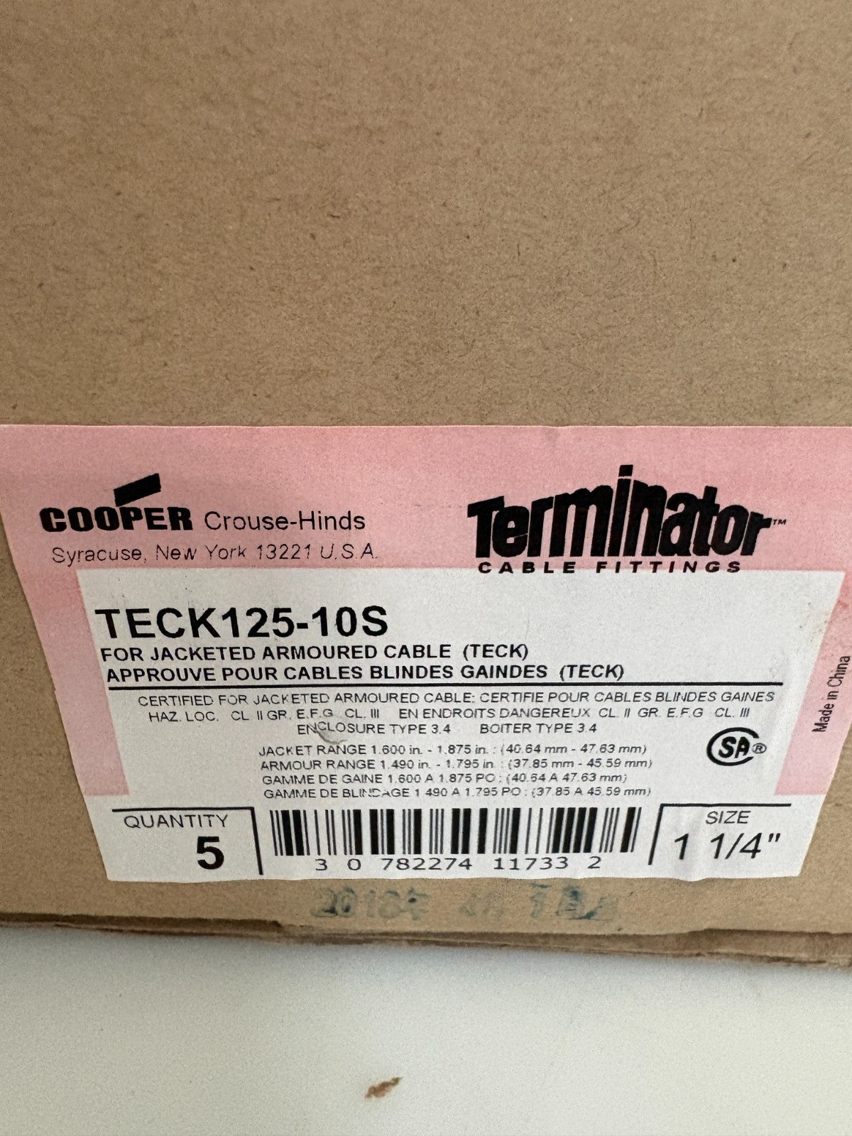 LOT OF 4 COOPER CROUSE HINDS 1 1/4 JACKETED ARMOURED CABLE FITTING TECK125-10S3