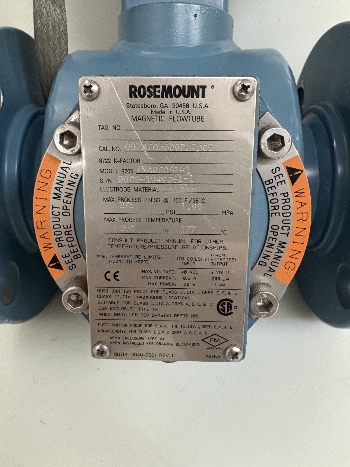 ROSEMOUNT MAGNETIC FLOW TUBE 8705TNA020S1H11