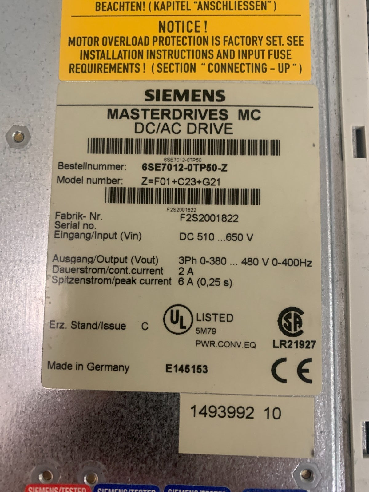 SIEMENS DC/AC DRIVE MASTERDRIVES MC 6 SE7012-OTP50-Z Z=F01+C23+621