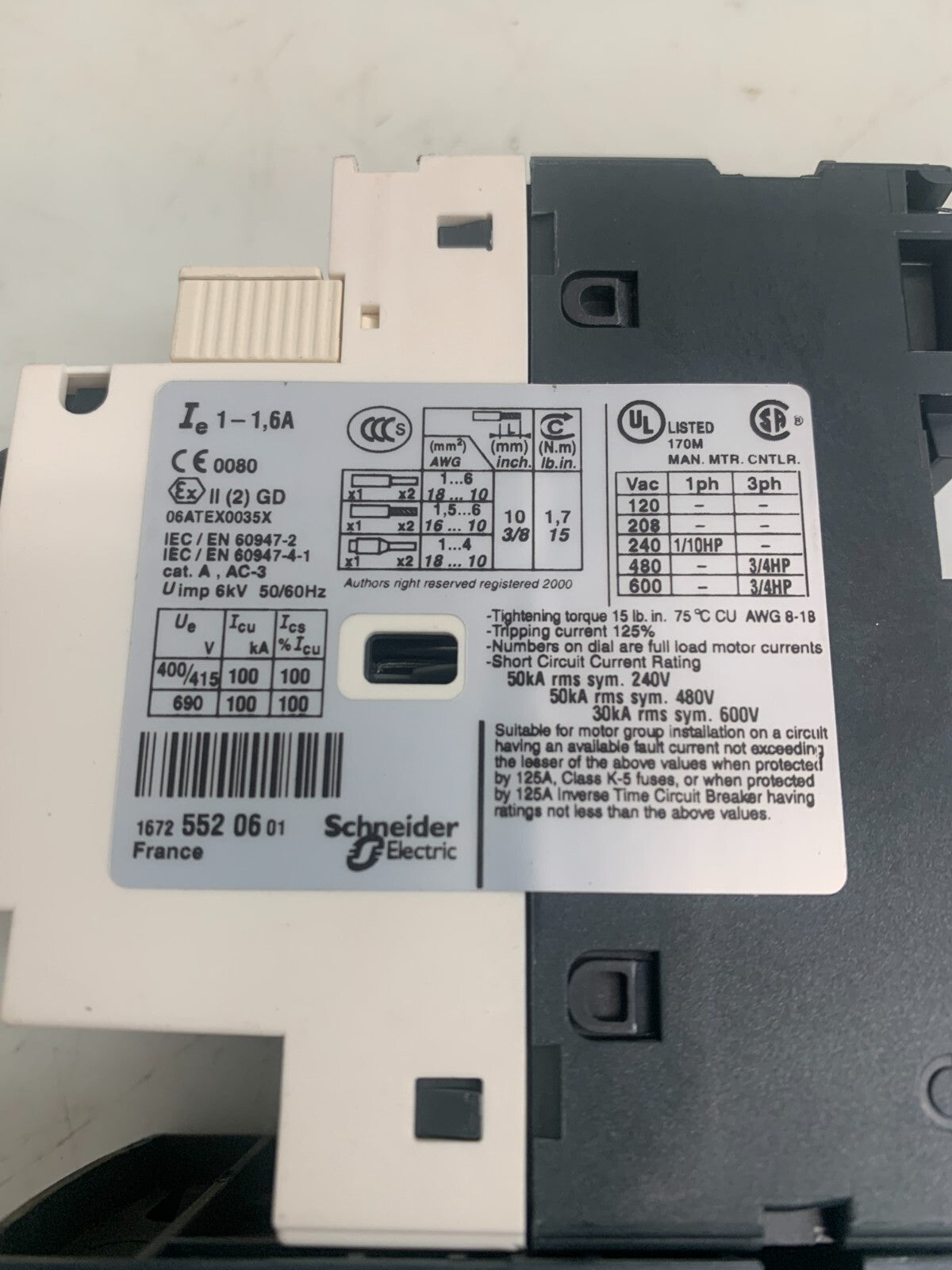 SCHNEIDER ELECTRIC / Telemecanique  SquareD GV2-P06/1-1.6A  w/LC1D09