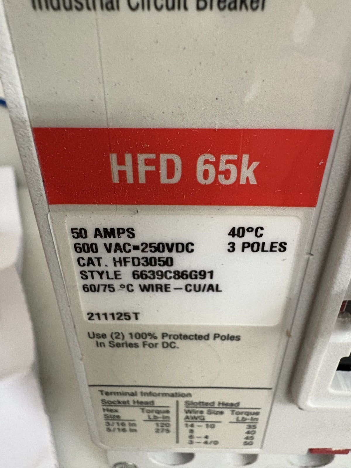 EATON 50 AMP CIRCUIT BREAKER #HFD 65K #HFD3050  STYLE 6639 C86G912
