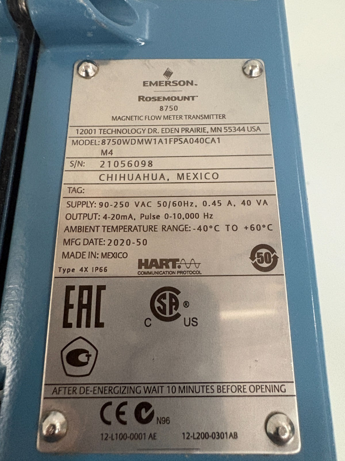 EMERSON ROSEMOUNT MAGNETIC FLOW METER TRANSMITTER 8750WDM1A1FPSA040CA15