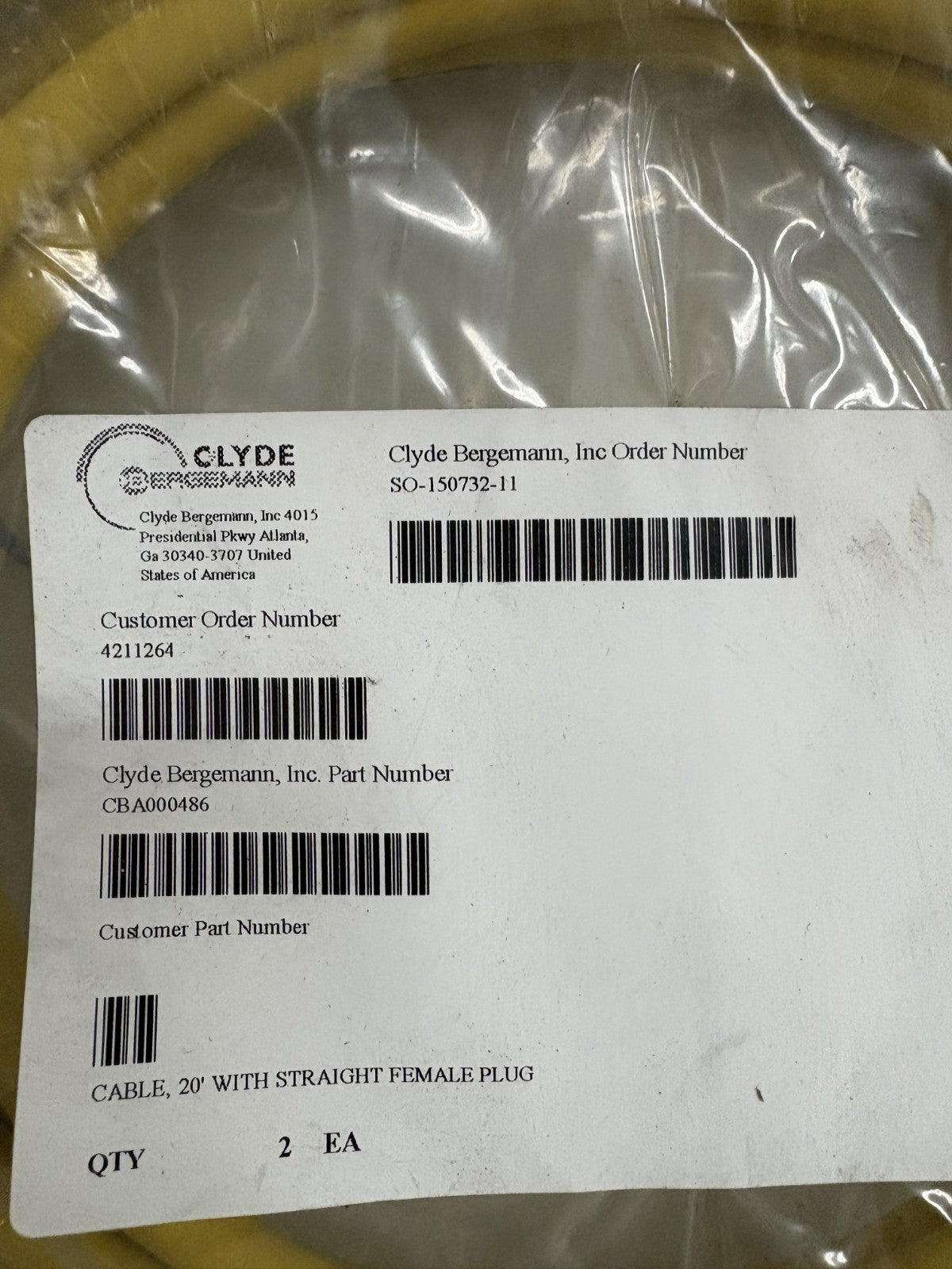 COOPER CROUSE HINDS CONNECT 20' STRAIGHT CABLE W/FEMALE PLUG