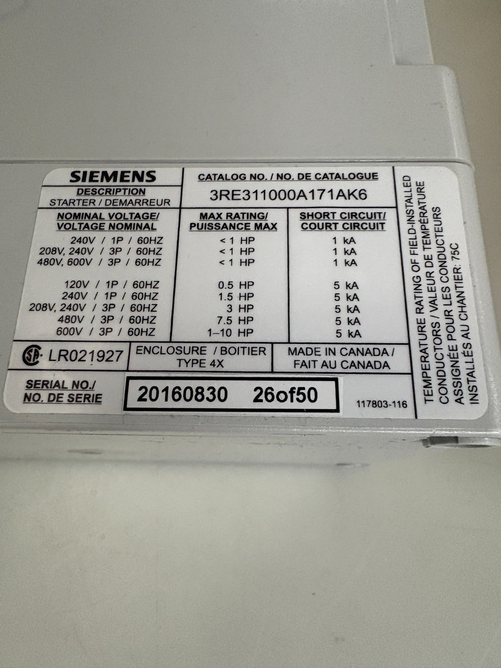 SIEMENS FULL VOLTAGE NON REVERSING MOTOR STARTER 3RE 311000A171AK63