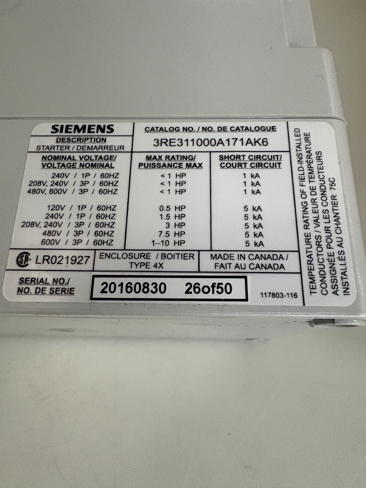 SIEMENS FULL VOLTAGE NON REVERSING MOTOR STARTER 3RE 311000A171AK63