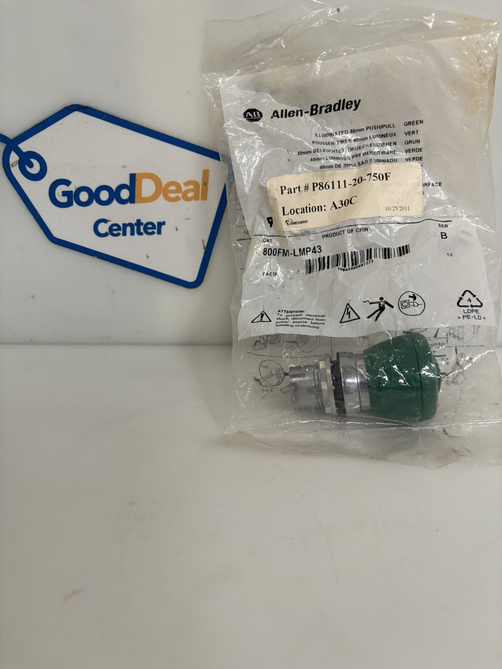 ALLEN BRADLEY ILLUMINATED 40MM GREEN PUSH/PULL BUTTON P 86111-20-750F0