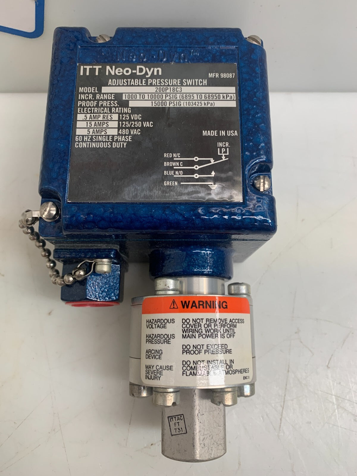 ITT NEO-DYN 200P18C3 ADJUSTABLE PRESSURE SWITCH 1000-10000PSIG 0.5A 125VDC