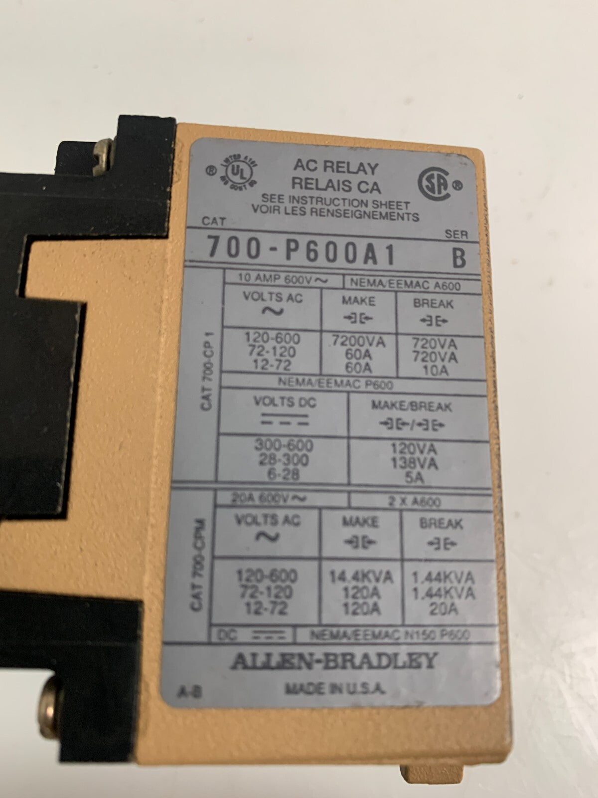 ALLEN BRADLEY AC RELAY 700-P600A1