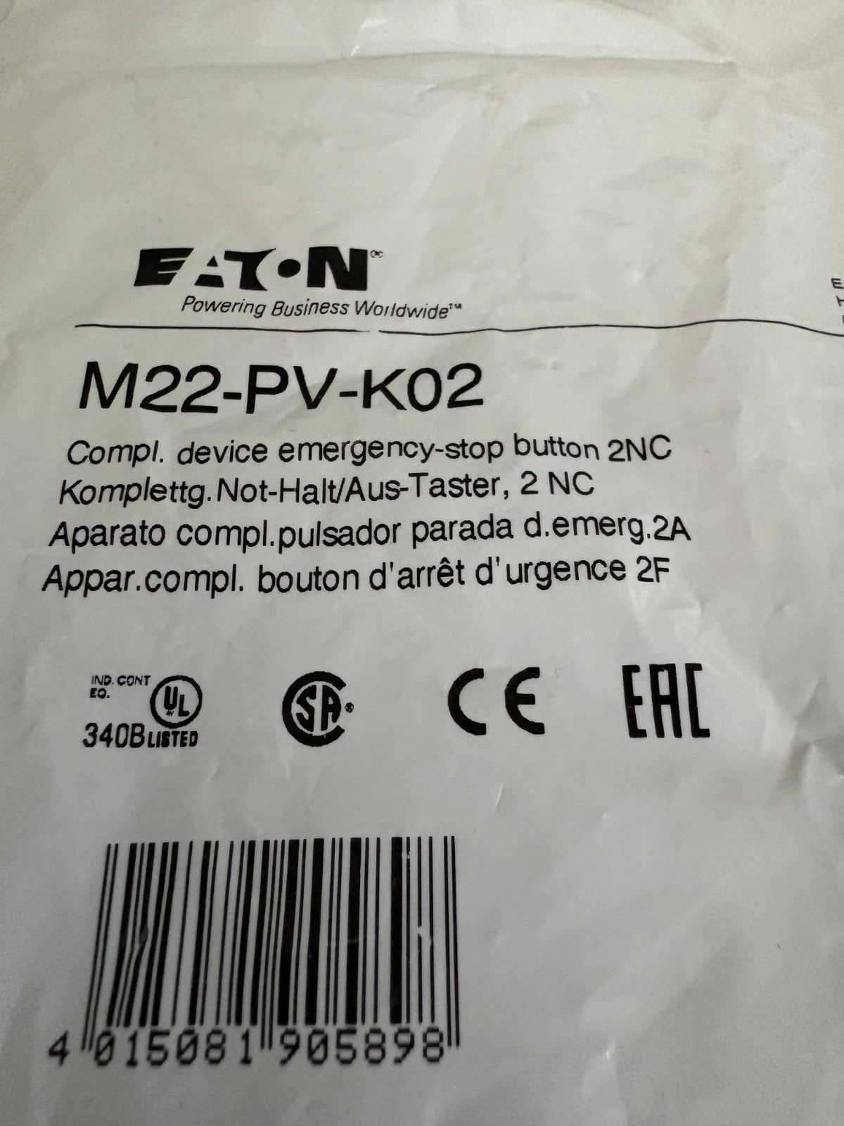 EATON EMERGENCY STOP BUTTON M22-PV-K02 W/M22-K013