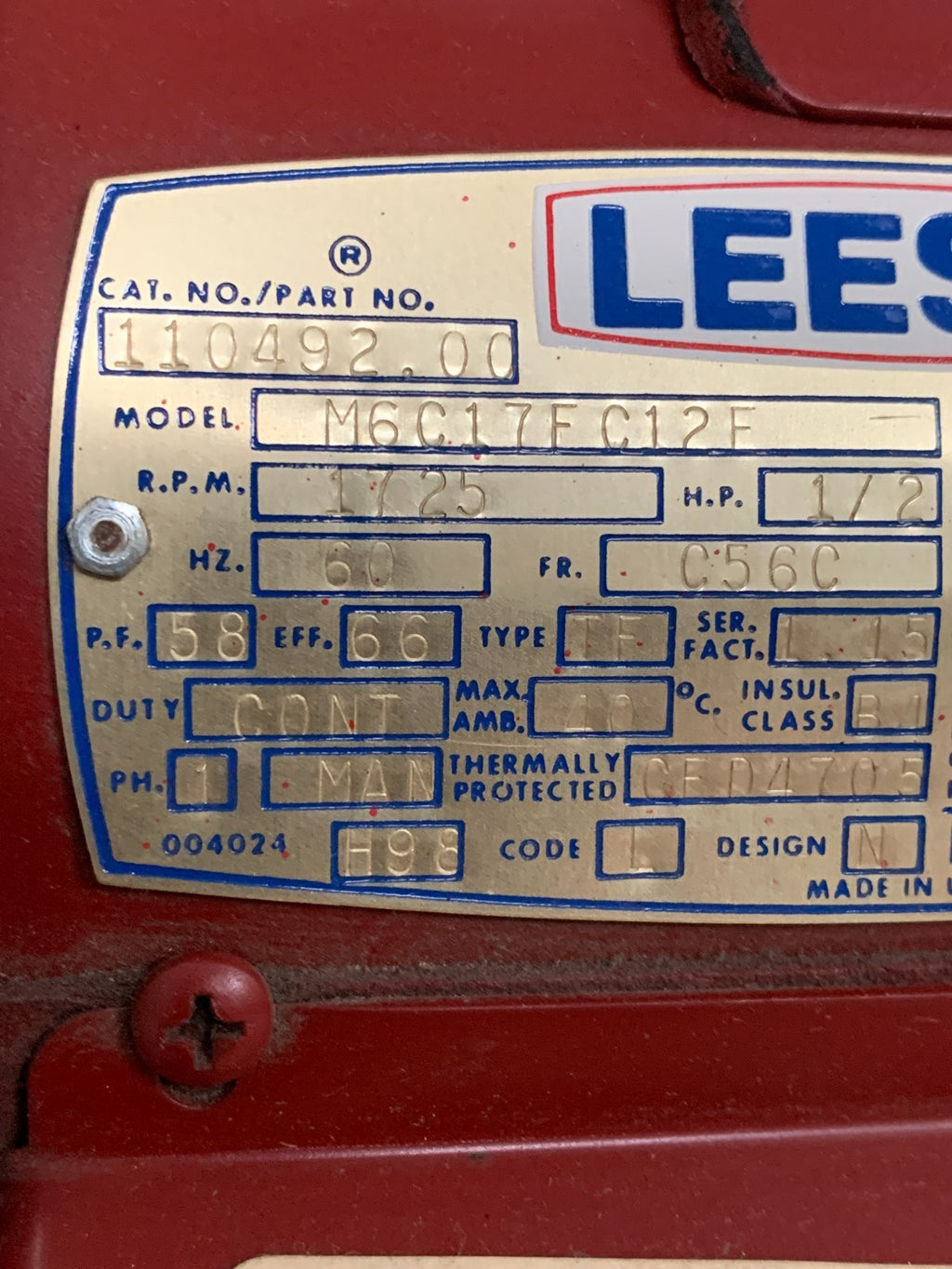 LEESON FARM DUTY MOTOR 1/2 HP 1725 RPM #110492.00 M6C17FC12F