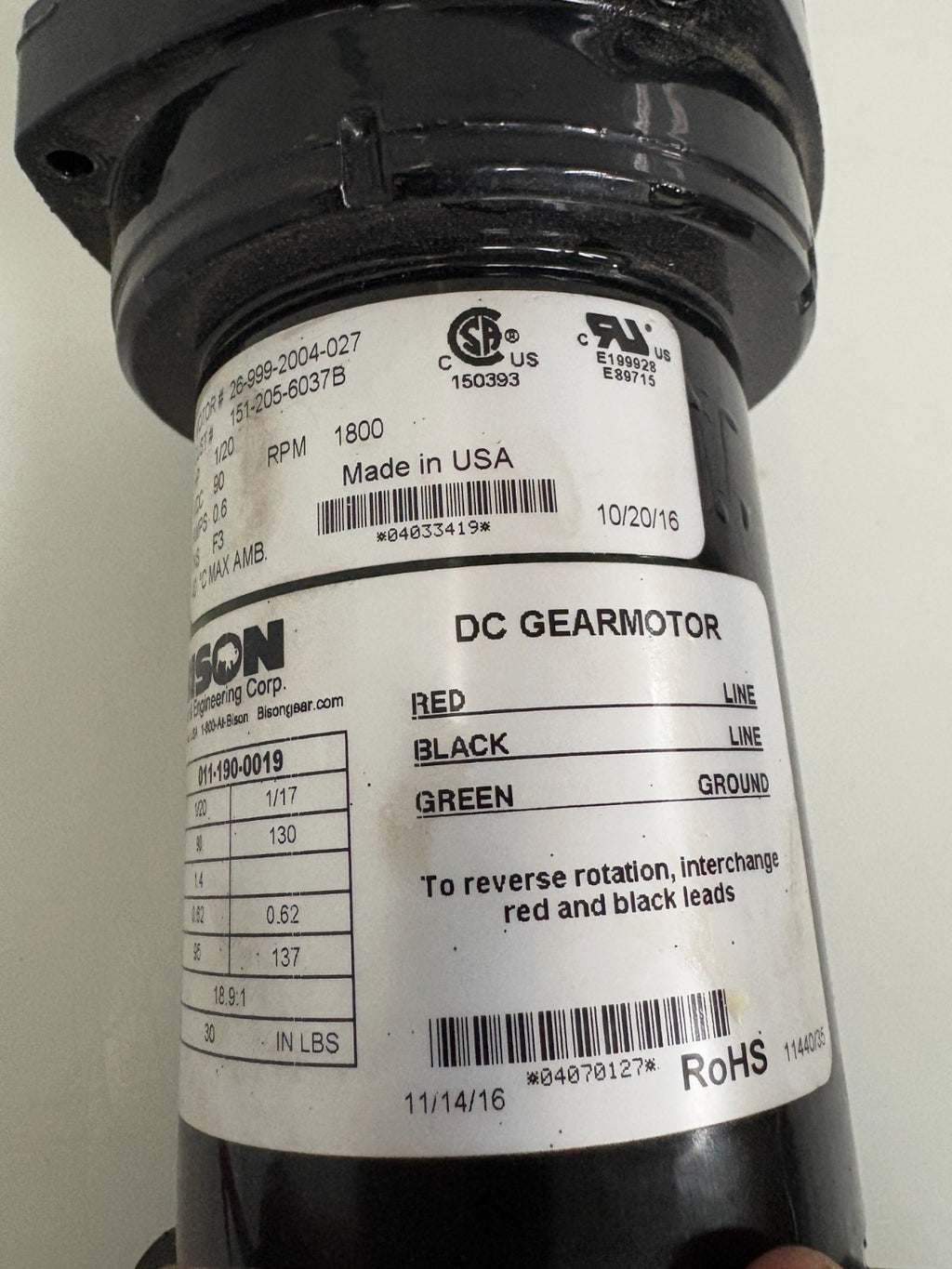 BISON DC GEAR MOTOR 26-999-2004-027 1/20 HP 1800 RPM3