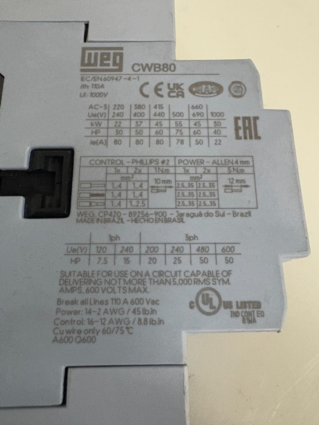 WEG CONTACTOR CWB80