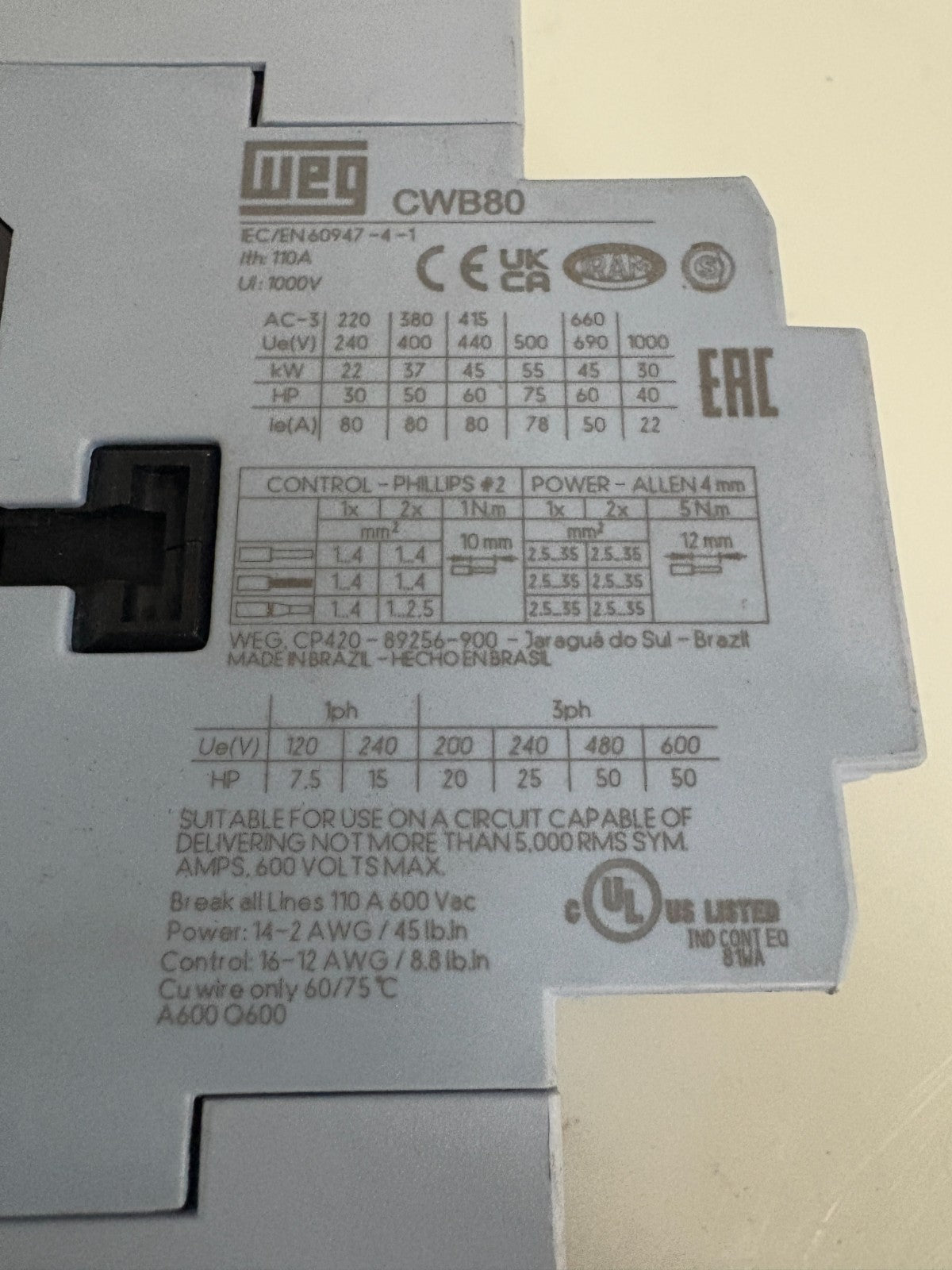WEG CONTACTOR CWB80
