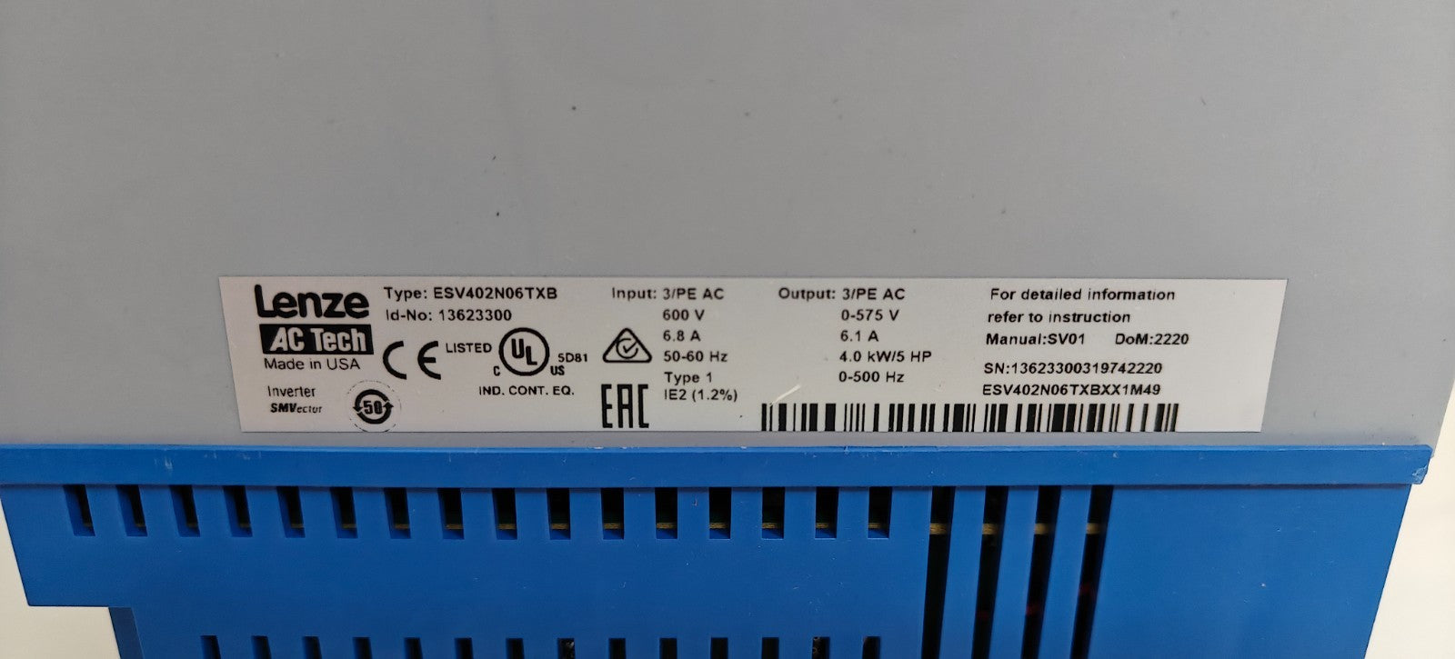 LENZE AC TECH 5 HP DRIVE SENSORLESS VECTOR ESV 402N06TXBXX1M49 136233004