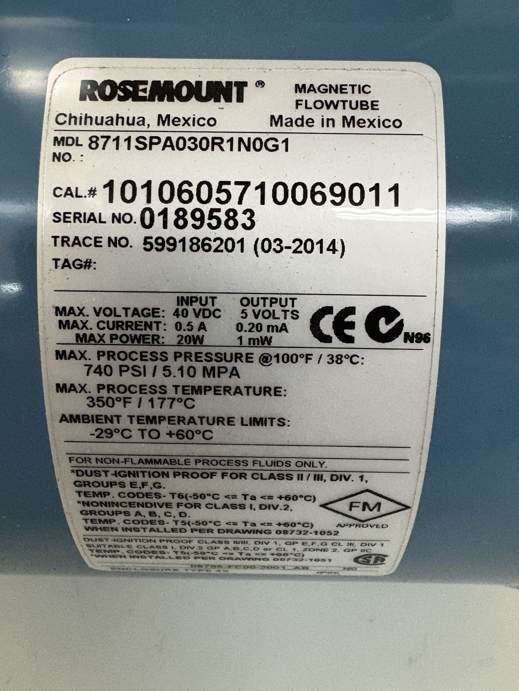 ROSEMOUNT MAGNETIC FLOWTUBE 8711SPA030R1N0G11
