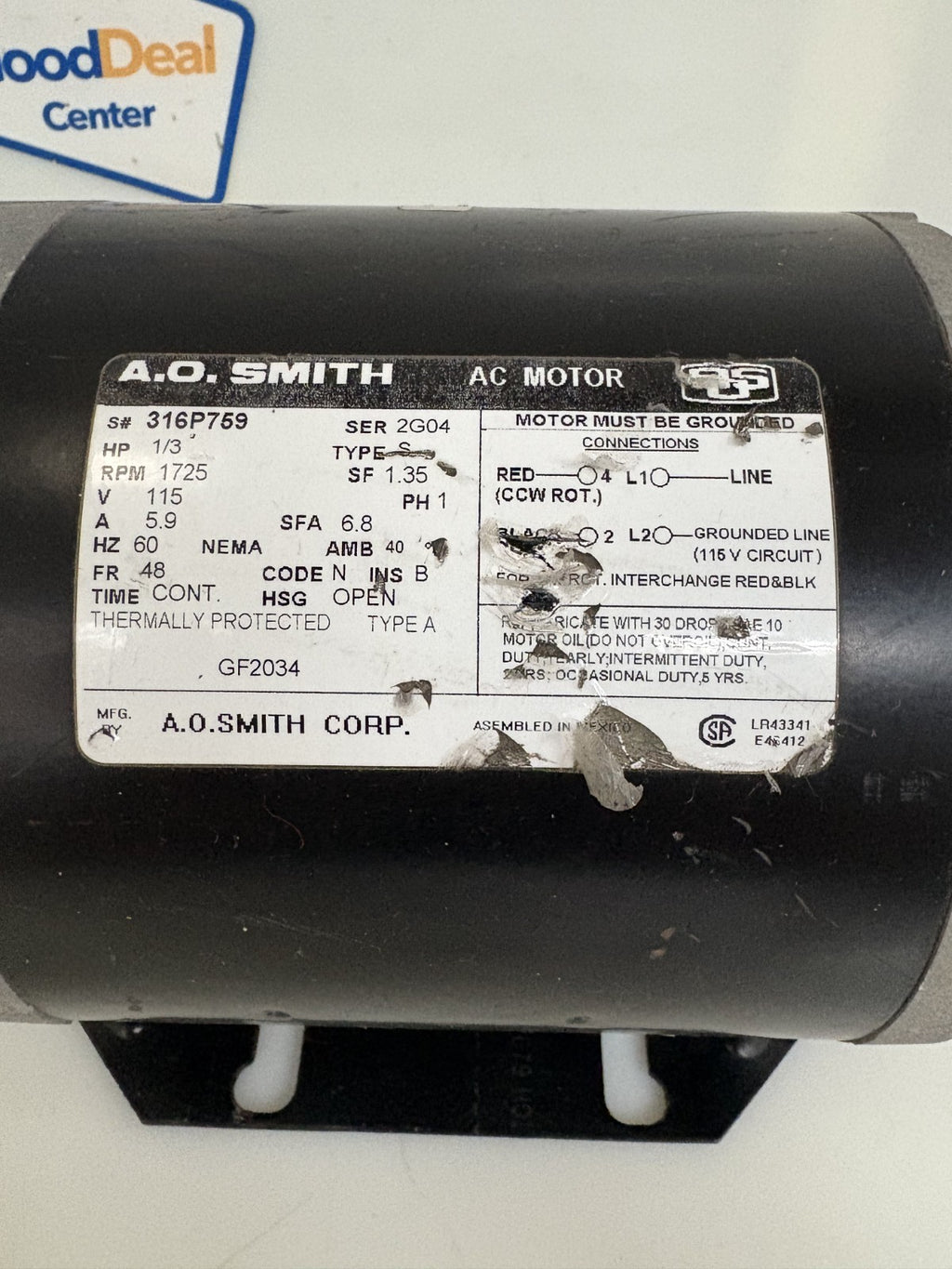 A O SMITH AC MOTOR 1/3 HP 1725 RPM 316 P71