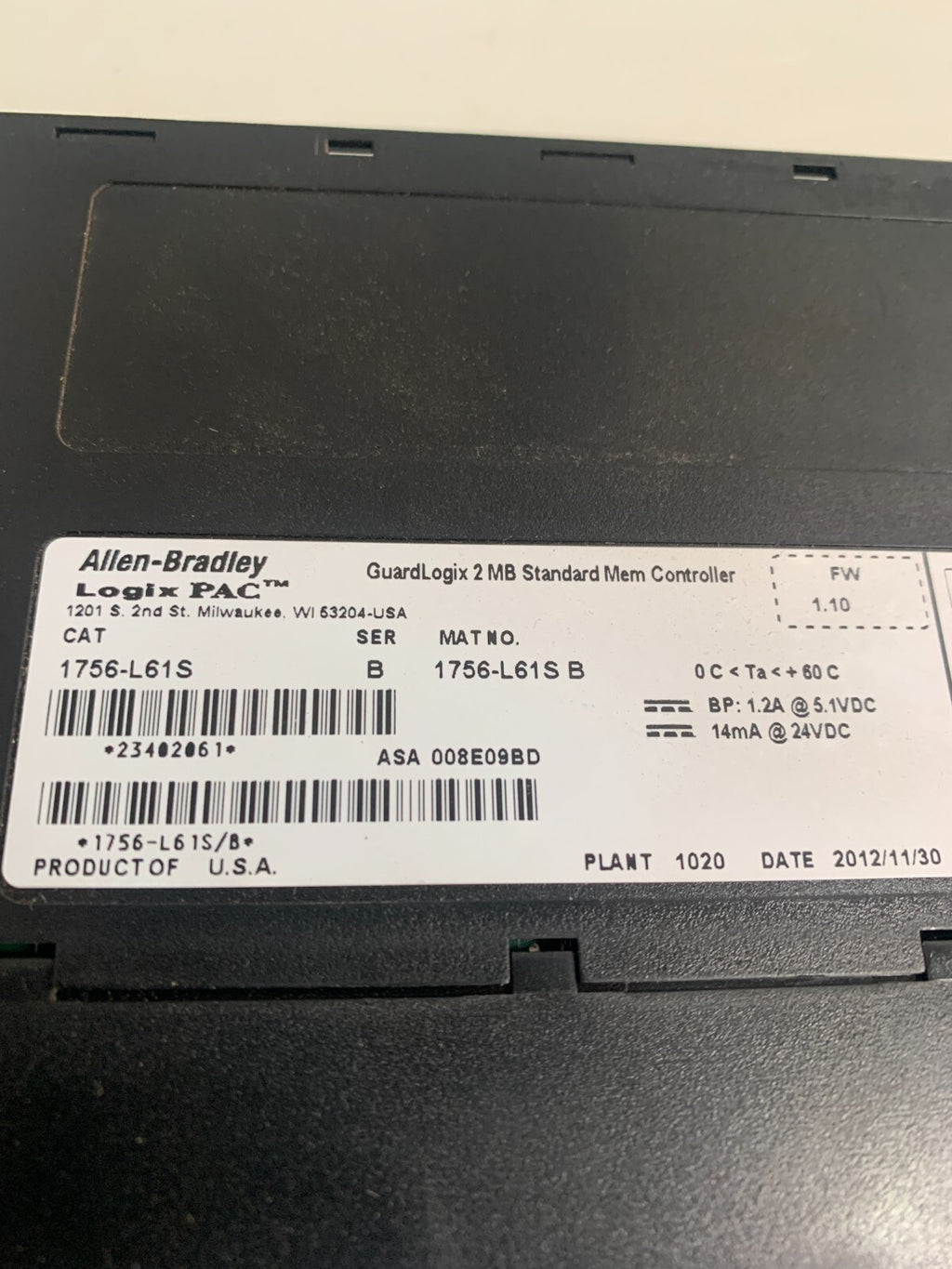 ALLEN BRADLEY LOGIX PAC 2MB STANDARD MEMORY CONTROLLER 1756-L61S3