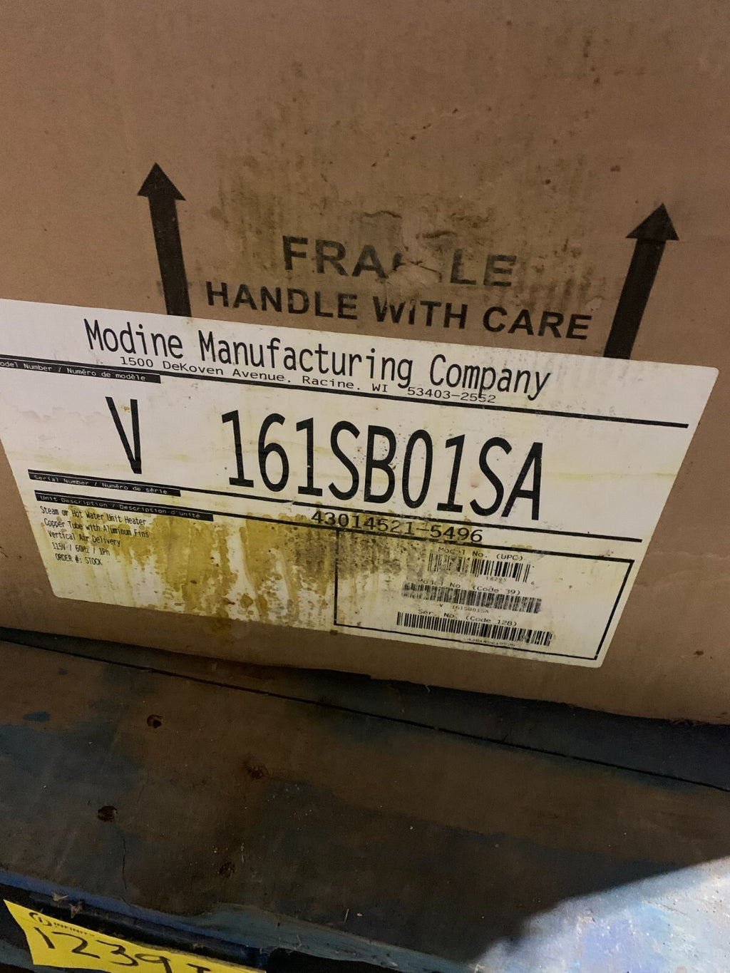 MODINE VERTICAL HYDRONIC HEATER UNIT 115 V ENCLOSED MOTOR V 161SB01SA