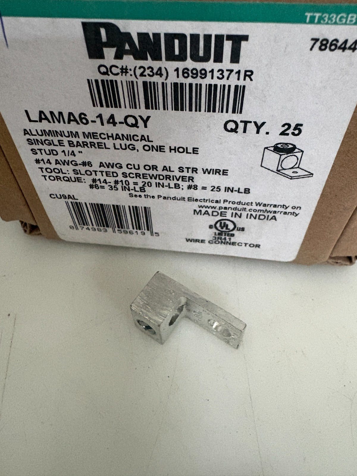 LOT OF 2 PANDUIT TERMINAL CONNECTOR RECTANGULAR LUG LAMA6-14-QY 25 IN BOX1