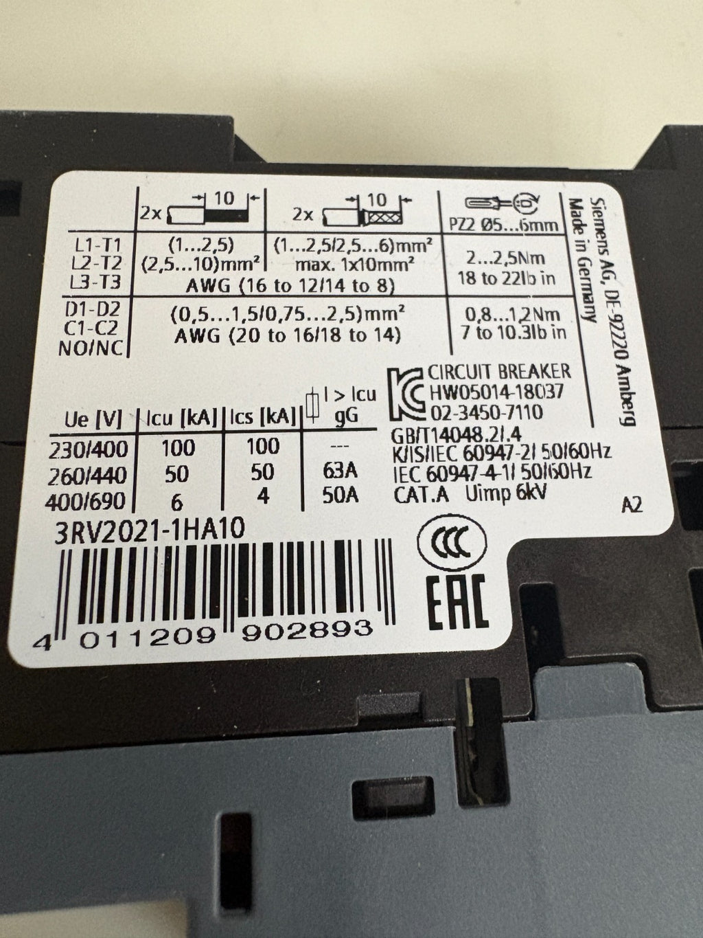 SIEMENS CIRCUIT BREAKER 3RV2021-1HA10 