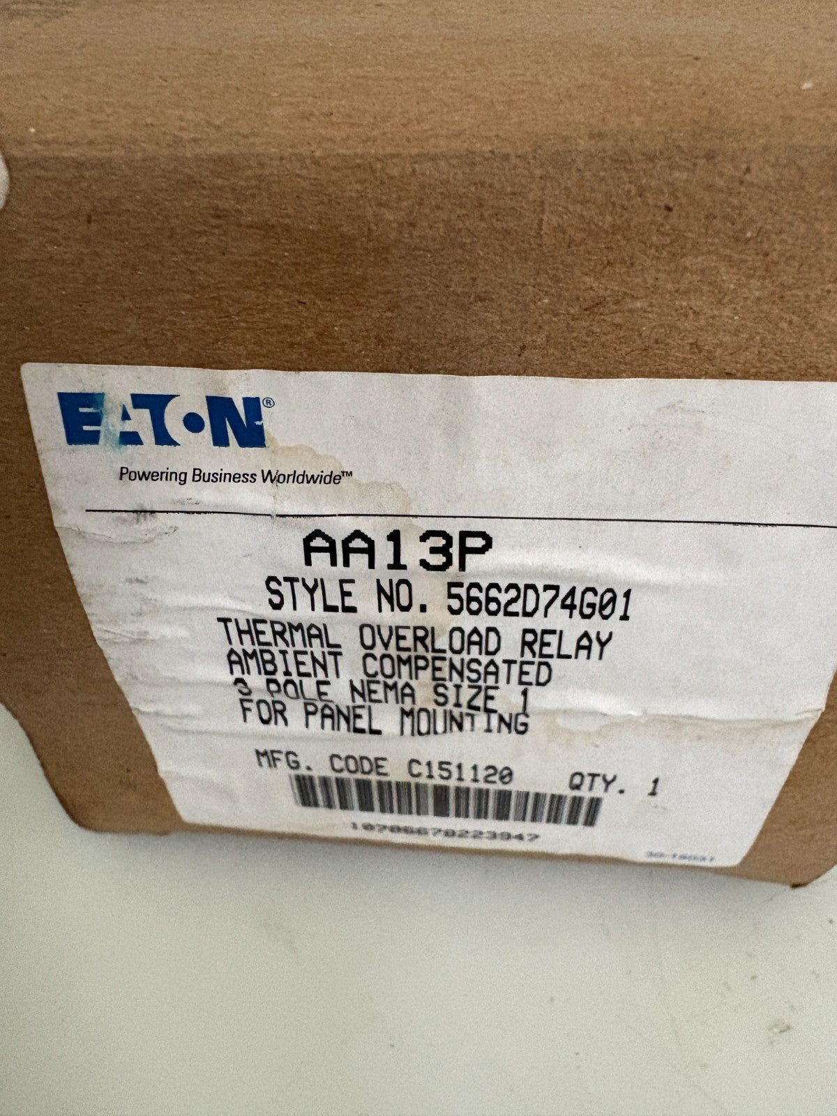 EATON THERMAL OVERLOAD RELAY AA13P 5662D74G01