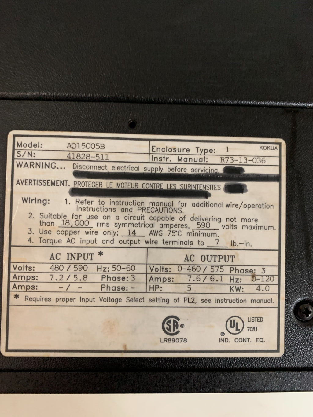 SIEMENS VARIABLE SPEED AC MOTOR DRIVE QC SERIES AQ 15 005 B TYPE 1